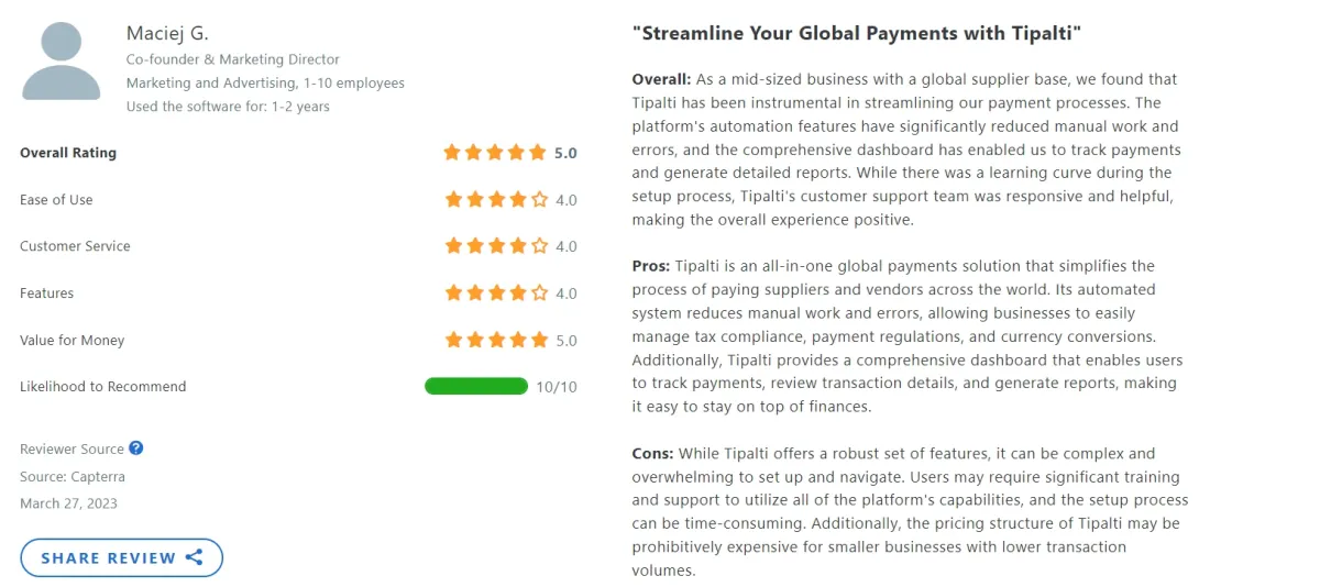 A user review on Tipalti, AI procurement software