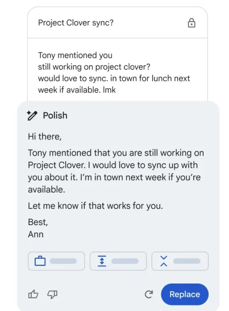 Gemini's email polish feature example