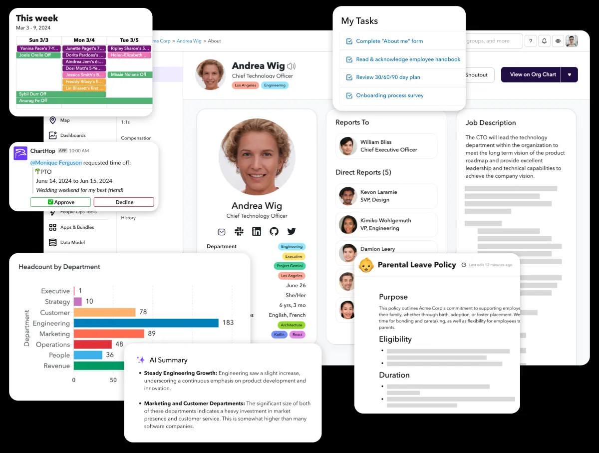 This image examplifies features of ChartHop, one of the HR analytics tools