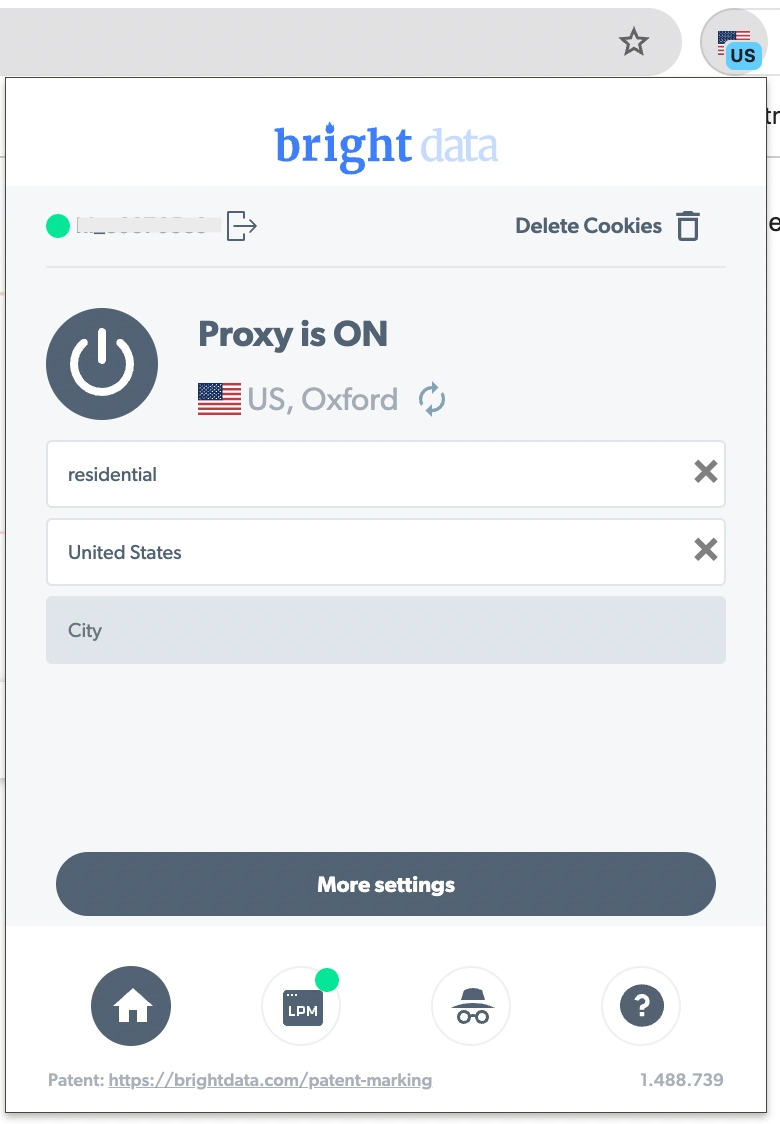 Bright Data Chrome extension showing proxy connection status.