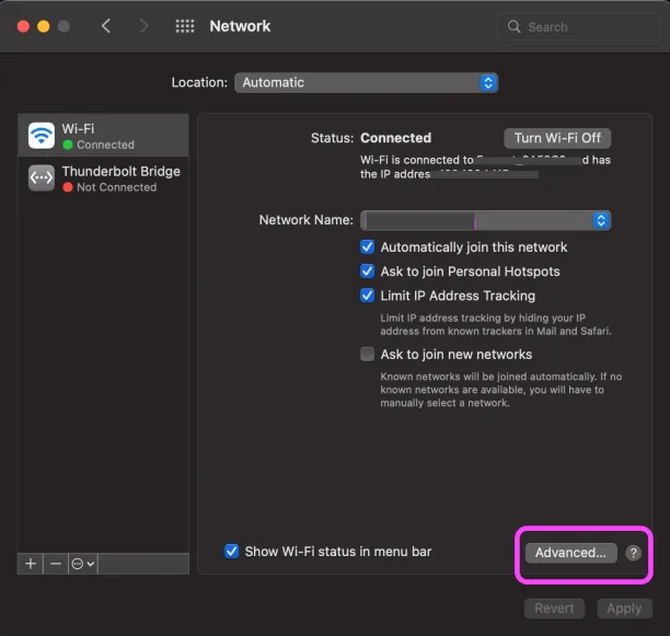 macOS Network settings window showing the Advanced button highlighted to access proxy settings.
