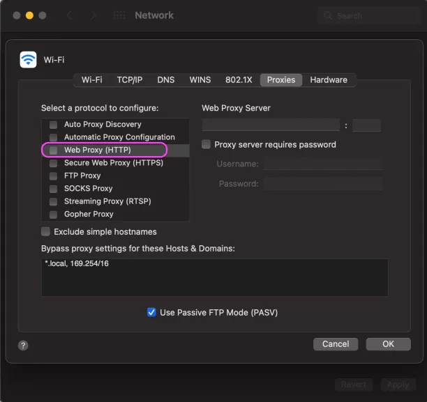 macOS Proxies settings with Web Proxy (HTTP) option selected for entering proxy server details.