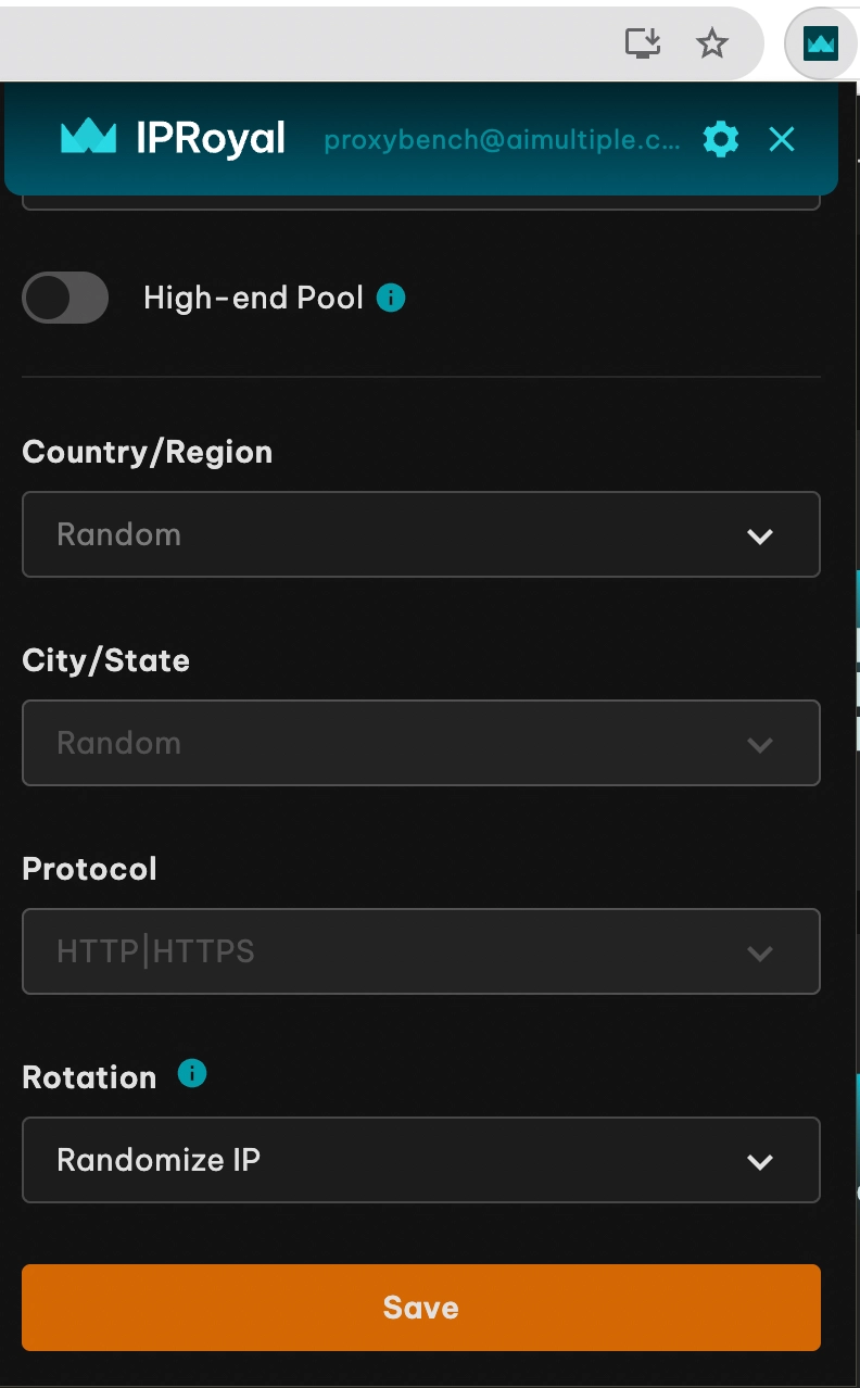 IPRoyal Chrome proxy extension featuring high-end pool and country options.