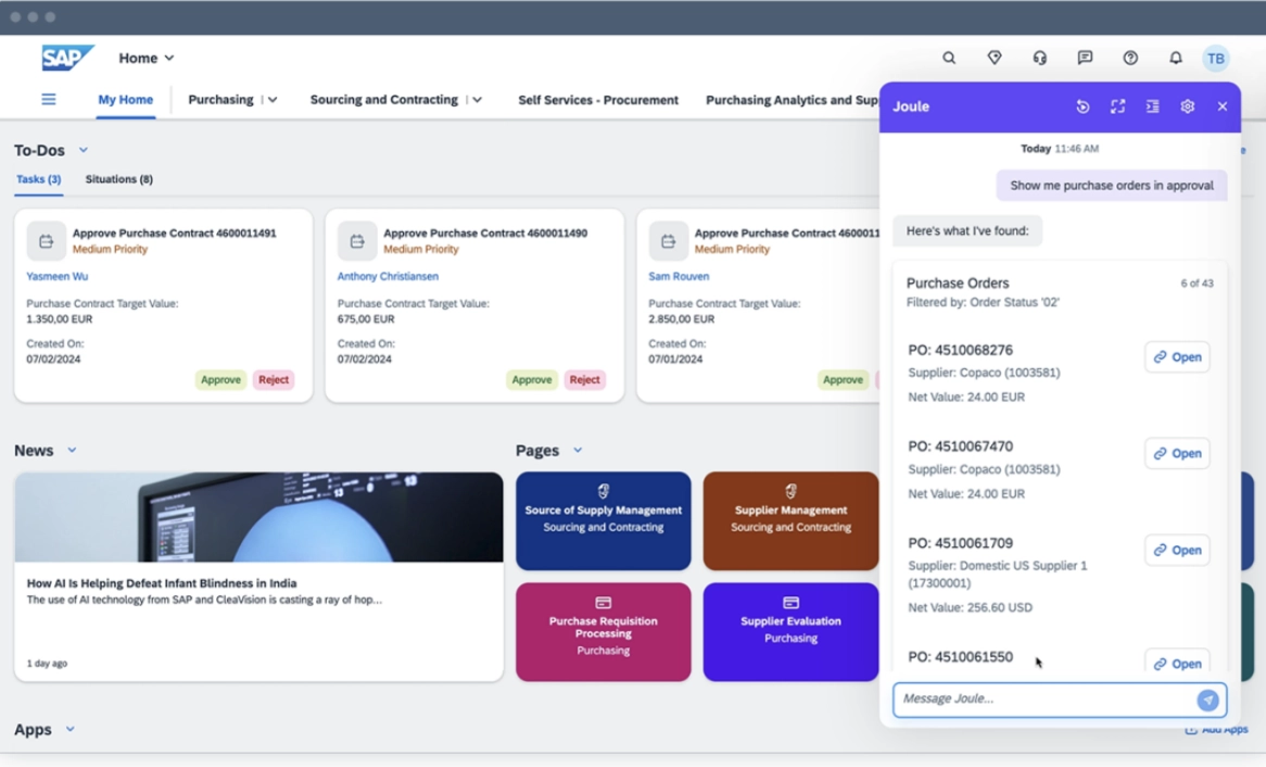 Image shows an example of how Joule SAP AI agents operate in Finance department.