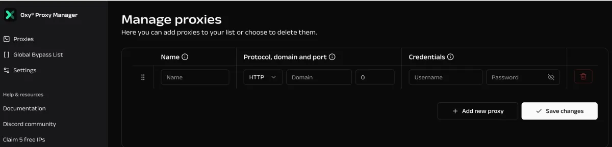 Oxylabs Chrome proxy manager interface with proxy setup and login fields.