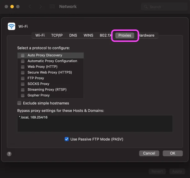 macOS Network settings Proxies tab showing options to configure HTTP, HTTPS, SOCKS, and other proxy types.