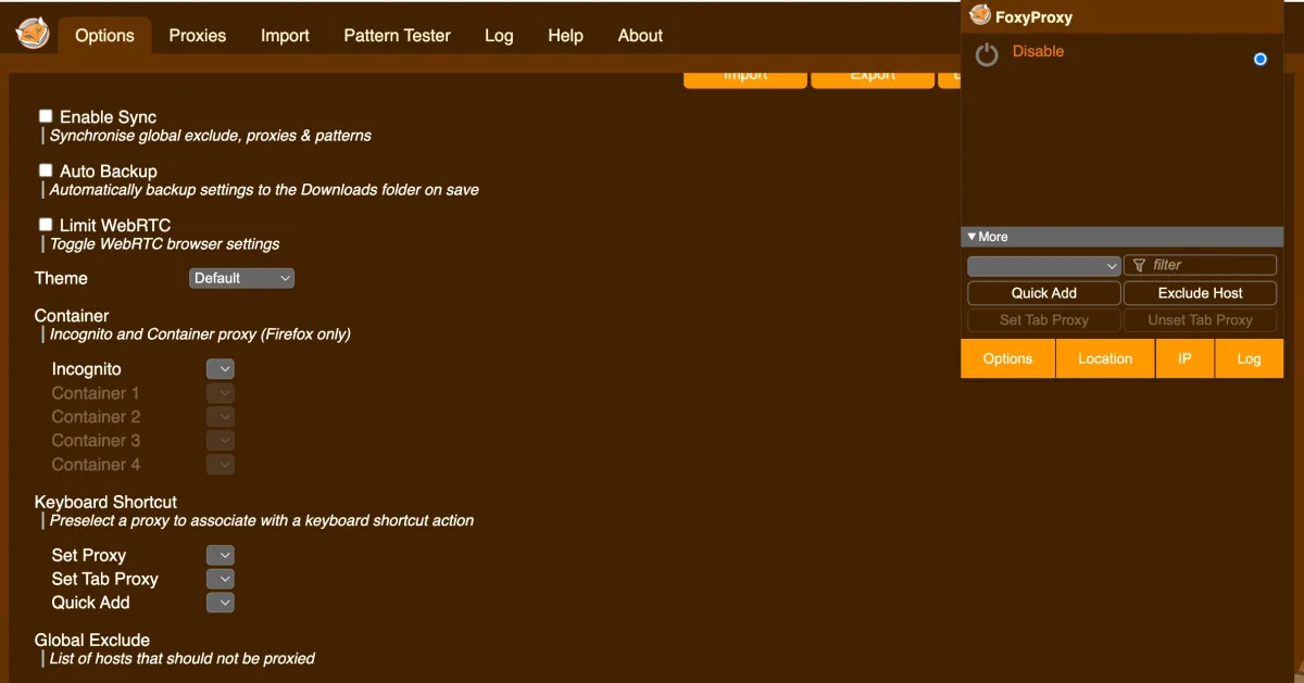 FoxyProxy Chrome extension dashboard with advanced proxy rule settings.
