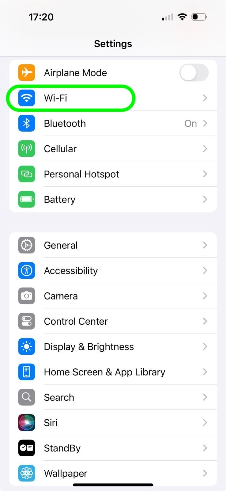 iPhone Wi-Fi settings screen showing how to open Wi-Fi from the Settings app to configure a proxy server.
