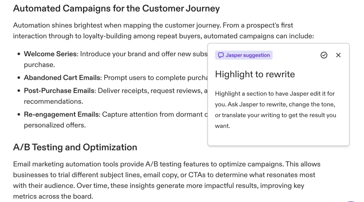 Jasper AI’s suggestions to further improve the generated content.