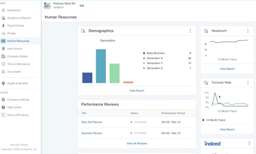 Dashboard of Paychex, one of the HRIS software