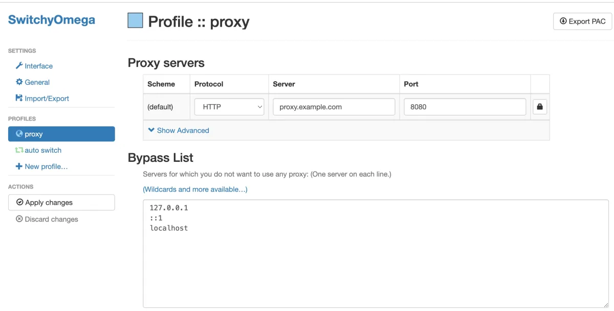 SwitchyOmega Chrome proxy tool for managing servers and bypass rules.