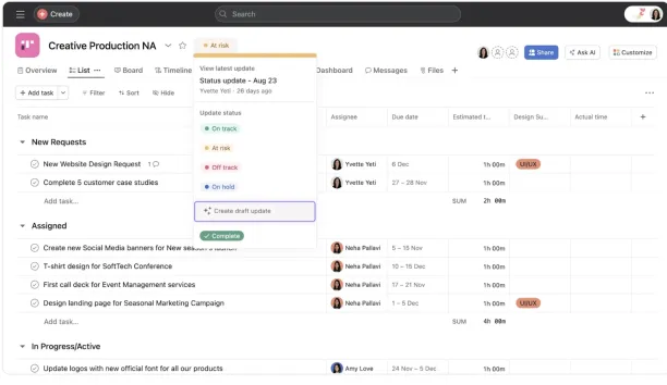 The image shows an AI feature of Asana, one of the top project management AI tools.