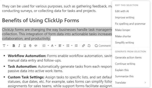 The image shows ClickUp AI features that include editing and improving the text with a right click. ClickUp is one of the major project management AI tools