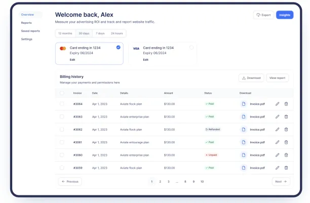 The image shows the Kill Bill software dashboard to handle invoicing