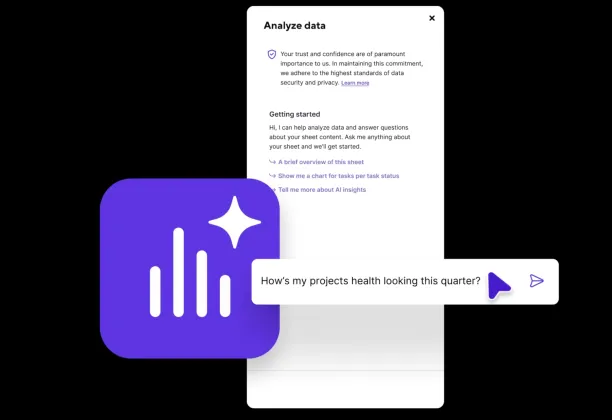The image shows how Smartsheet AI capability analyzes data and generates visuals without coding.