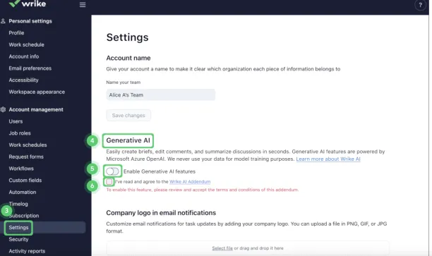 The image shows Wrike AI feature, named as write me. This feature help which is one of the major project management AI tools