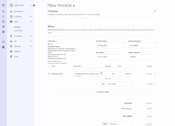 The image shows how to create a new invoice on Akaunting, an open source invoice software.
