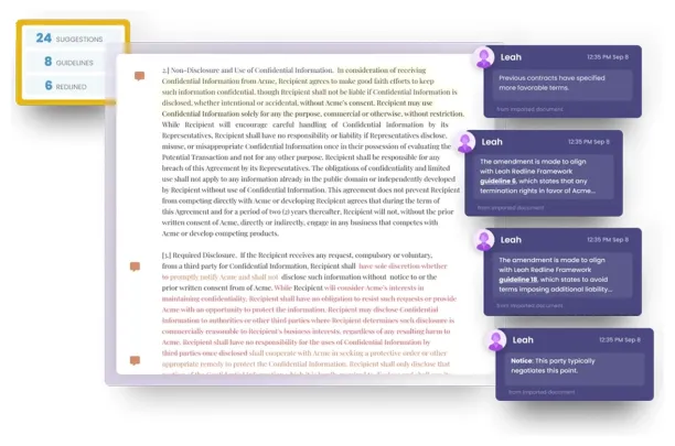 Leah Legal's in-context contract analysis, showing AI-driven suggestions, guidelines, and redlines.