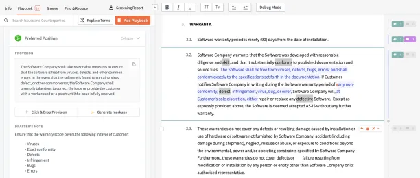 DocJuris AI highlighting a warranty clause, suggesting edits, and facilitating contract review