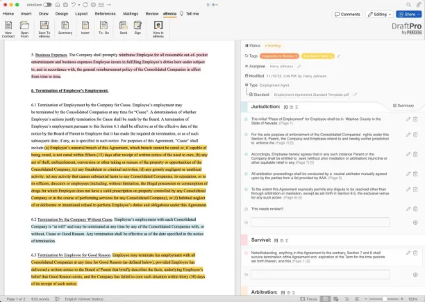 DraftPro by eBrevia integrated with Microsoft Word, providing real-time AI-driven edits and insights for contract drafting