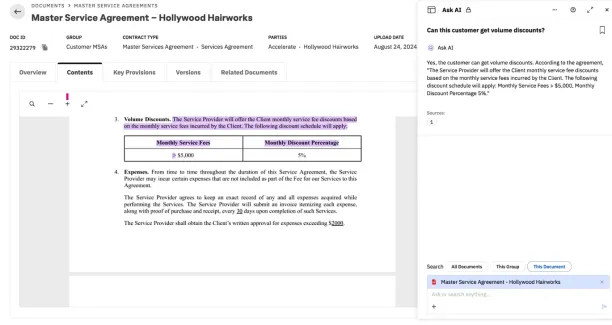 Evisort’s “Ask AI” interface identifies volume discount terms in a Master Service Agreement