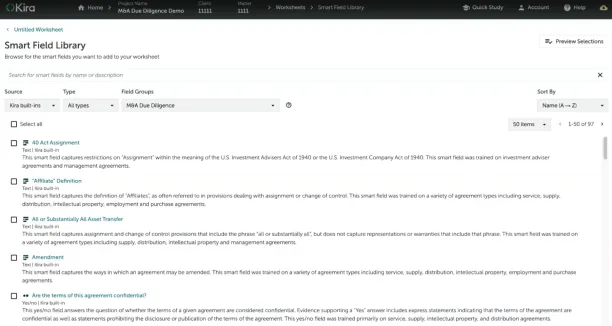 Kira’s Smart Field Library identifies and extracts contract clauses using over 40 built-in fields