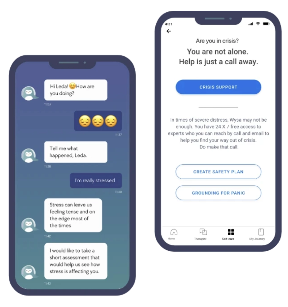 An example of AI for mental health, Wysa dashboard for AI assisted CBT program. An example of AI for mental health, Wysa dashboard for AI assisted CBT program.