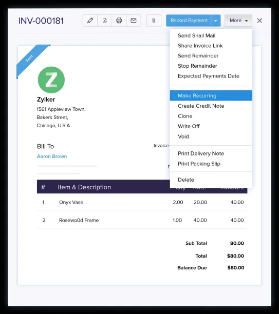 The image is taken from Zoho dashboard, an open source invoice software.