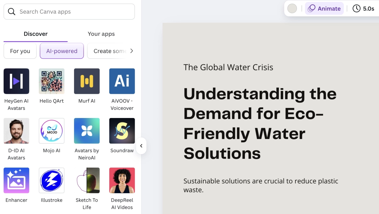 Canva's app gallery for integrating AI-powered apps, including AI avatar generators, AI videos, and sounds.