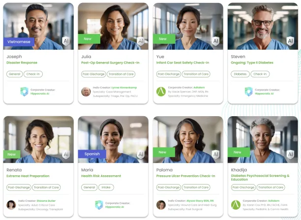 Examples from Hippocratic AI agents ranging from disaster response to health risk assessment, diabetes, and post-surgery check-in.