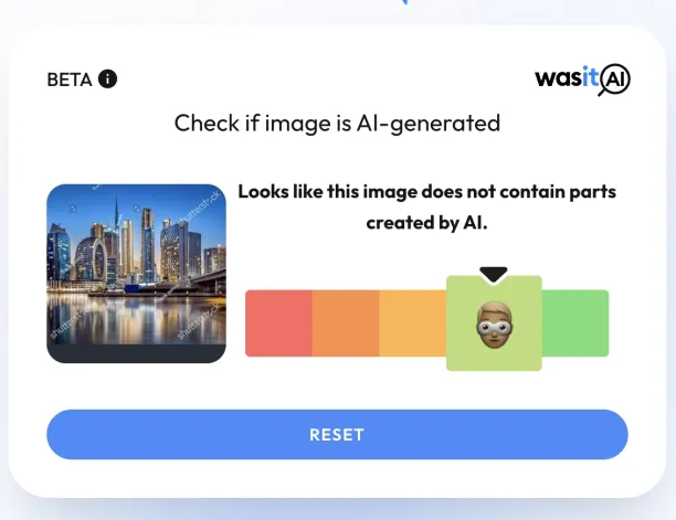 An example image from Wasit AI, showing that the uploaded photo was detected as not containing any AI-generated elements.