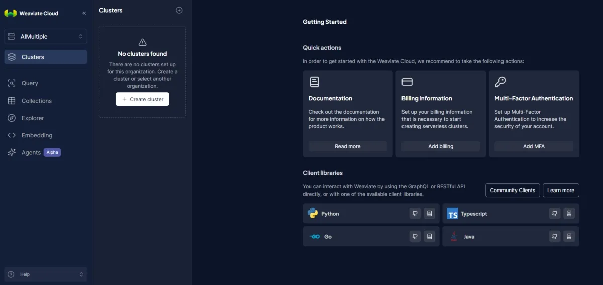 Figure 2: Weaviate Cloud dashboard
Figure 2: Weaviate Cloud dashboard