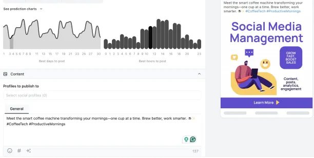 Ocoya's social media post generation dashboard with prediction graphs.