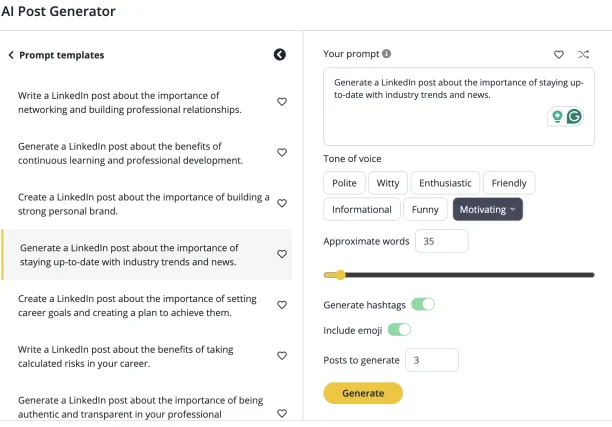 SocialBee social media post generator LinkedIn post generation example