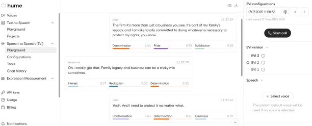 Speech analysis for conversation of Hume EVI, one of the emotion AI tools
