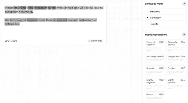 Text analysis for sentiment of Hume Expression Measurement, one of the emotion AI tools