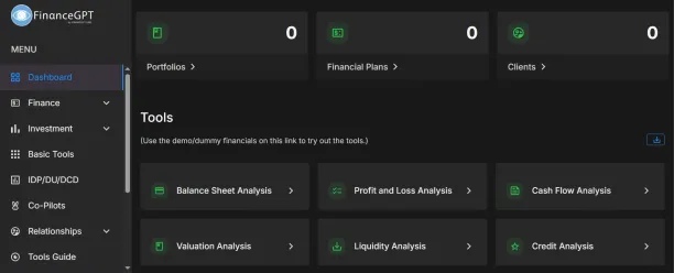 dashboard of FinanceGPT, an AI financial analyst