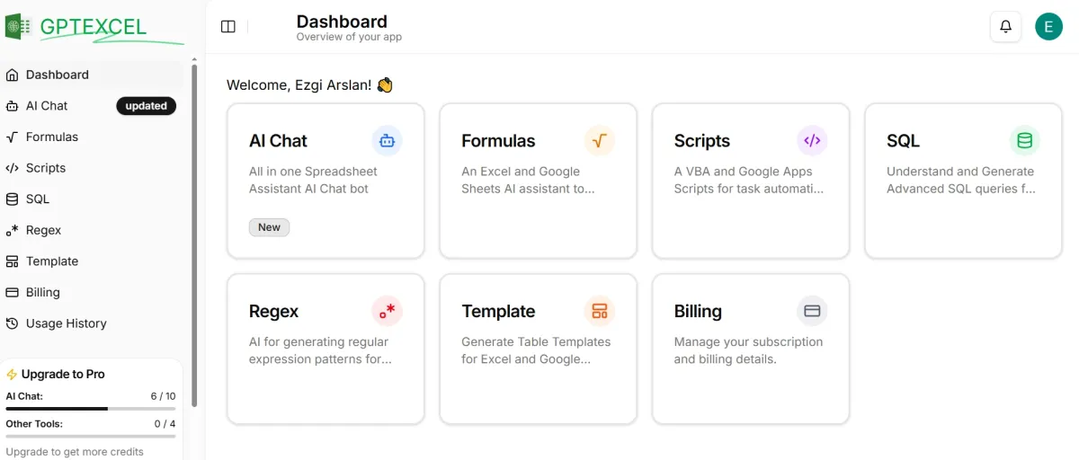Dashboard of GPTExcel, an AI excel solution Dashboard of GPTExcel, an AI excel solution