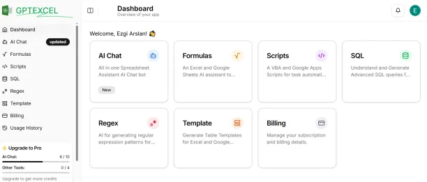 Dashboard of GPTExcel, an AI excel solution