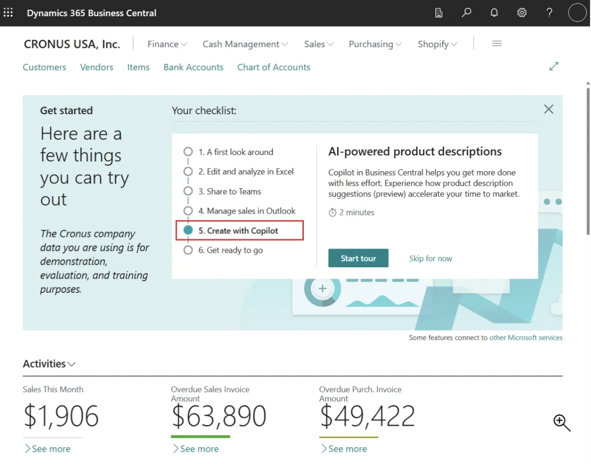 The image is the dashboard of Microsoft Business Central deploying an Agentic AI ERP capability