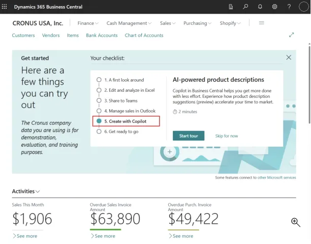 The image is the dashboard of Microsoft Business Central deploying an Agentic AI ERP capability