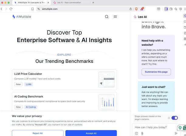 Successfully provided a summary covering enterprise software insights, AI benchmarks, LLM calculators, and the site's focus on transparency and data-driven procurement decisions. Response was accurate and well-structured.