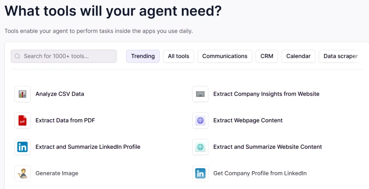 The screen Relevance AI, an AI financial analyst, asks users to specify the agent to be used in the analysis