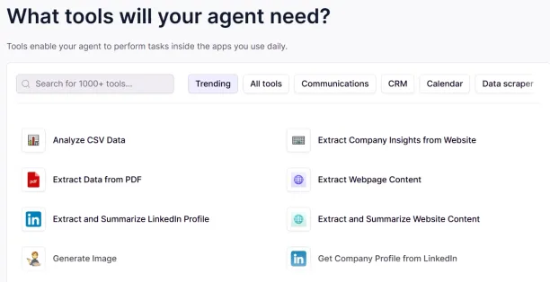 The screen Relevance AI, an AI financial analyst, asks users to specify the agent to be used in the analysis