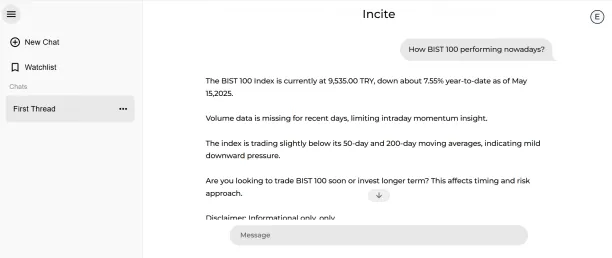 dashboard of Incite AI, an AI financial research platform