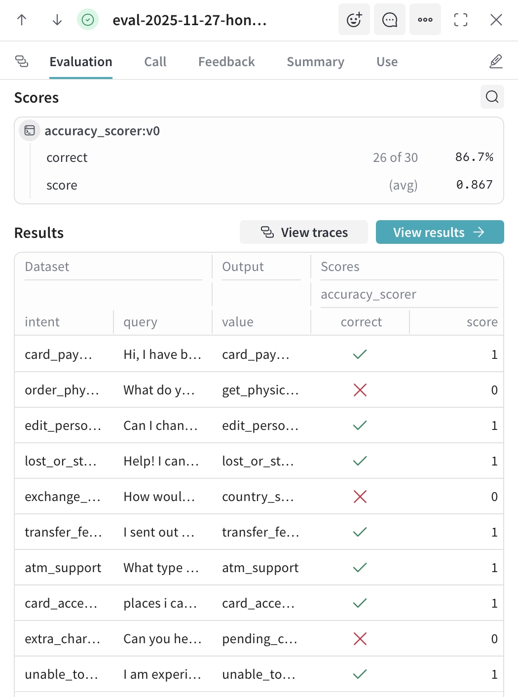 Evaluation results showing individual test cases with predicted intents and accuracy scores.