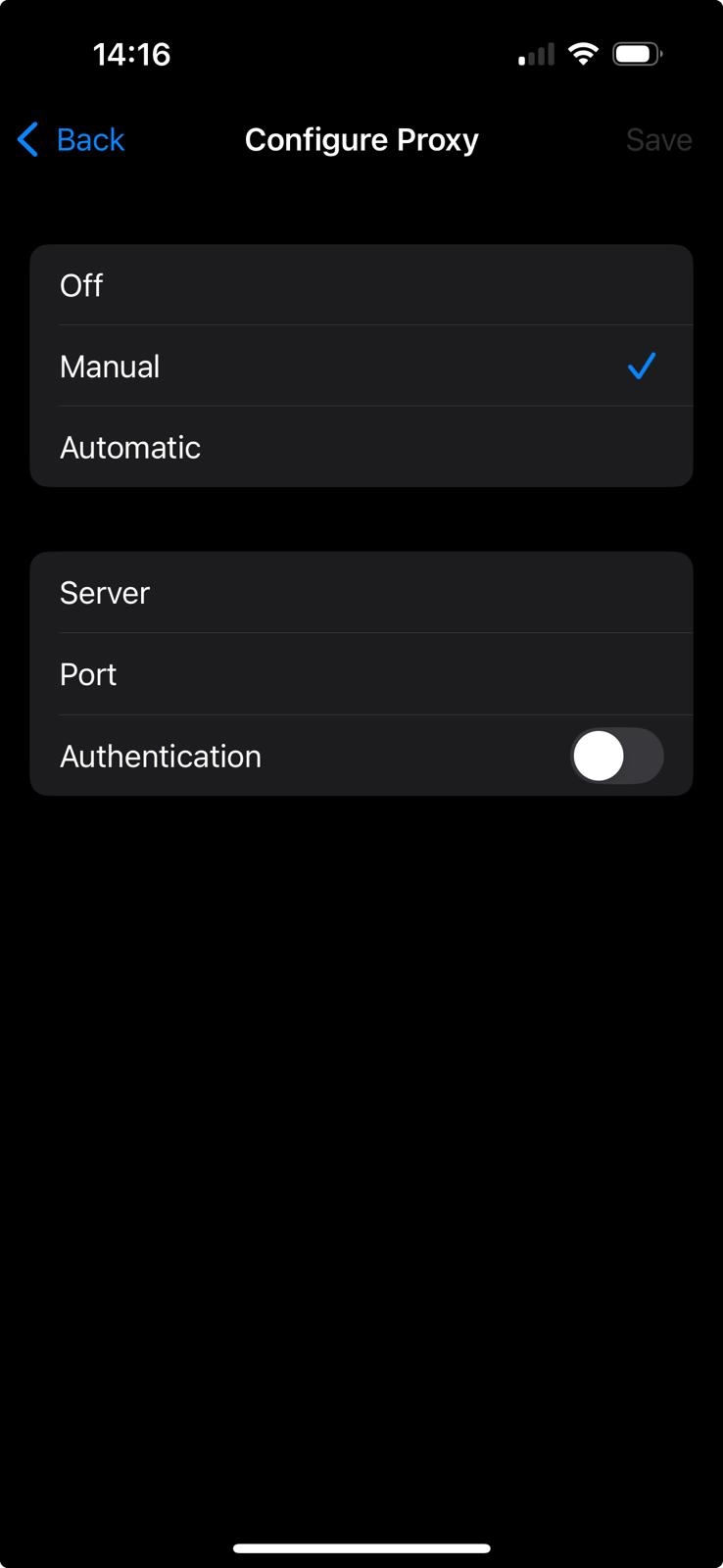iOS Configure Proxy screen showing the lack of SOCKS5 protocol selection (HTTP limitation)
iOS Configure Proxy screen showing the lack of SOCKS5 protocol selection (HTTP limitation)