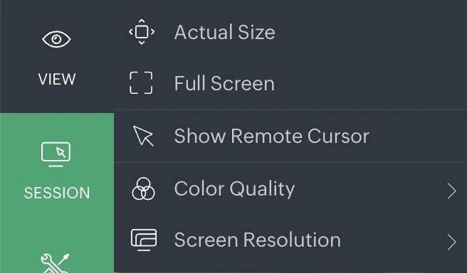 This image shows the View and Session menu options of a remote access tool, including screen sizing, full screen mode, color quality, and resolution settings.
