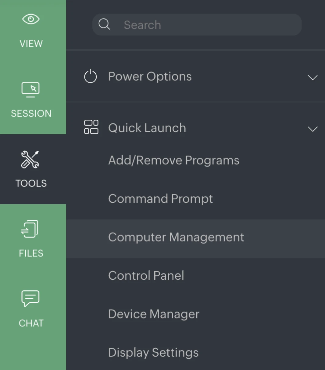 This image shows the remote session sidebar menu with quick access to power options, quick launch tools, system utilities, and display settings.