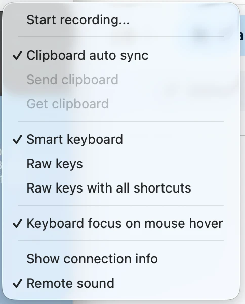 This image shows a remote session toolbar menu, where clipboard sync, keyboard input modes, connection info, sound, and recording options can be toggled. This image shows a remote session toolbar menu, where clipboard sync, keyboard input modes, connection info, sound, and recording options can be toggled.